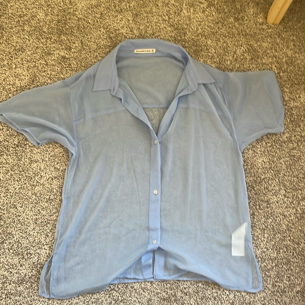 Blue Short Sleeve Gauzy Button Up